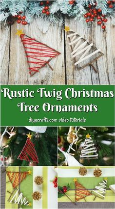 rustic christmas tree ornaments made out of yarn and wood are featured in the cover of this book