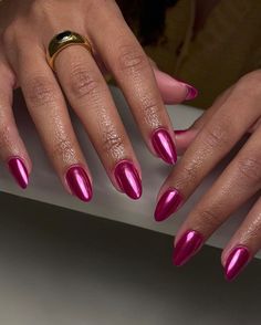 Magenta And Silver Nails, Fuschia Nail Designs, Fushia Chrome Nails, Fuchsia Nails Acrylic, Fuschia Chrome Nails, Purple Pink Chrome Nails, Magenta Prom Nails, Fuscia Nails Design, Magenta Almond Nails