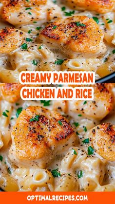 creamy parmesan chicken and rice casserole is shown in two different images