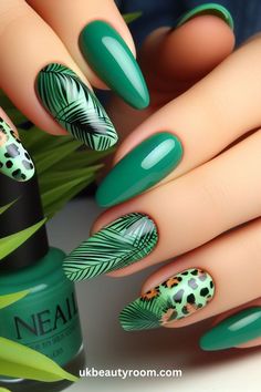 Tropical nails are perfect for summer and vacation looks. They bring a cheerful, fun, and lively vibe to your style. This post contains 27 different tropical nail ideas to brighten your look! Beach vacations, acrylic, art, pink, short, art hawaii, simple, colors, blue, almond, square, green. Summer Theme Nails Designs, Tropical Leaf Nails, Rainforest Nails, Green Vacation Nails, Green Nail Designs Summer, Green Summer Nails, Nail Art Tropical, Nail Art Vert, Nail Stamping Ideas