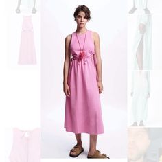 Nwt Zara Woman Cut Out Halter Midi Dress With Ties Pink Size L Large Pink Tie Waist Dress For Daywear, Zara Summer Dress With Tie Back Detail, Zara Summer Dress With Tie Back, Pink Beach Midi Dress With Tie Waist, Pink Midi Dress With Tie Waist For Beach, Zara Tie Back Dress For Spring, Zara Tie-back Dress For Spring, Zara Dresses With Tie Back For Spring, Zara Poplin Dress