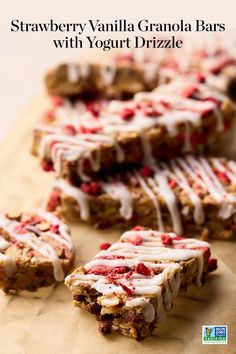 strawberry vanilla granola bars with yogurt drizzle