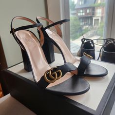 Gucci Marmont Sandals Size 42 In Euc Only Sign Of - Crinkled Insole. Comes With Original Box And Dust Bags Heel 5" Box 325 Shoes Gucci, Gucci Marmont, Gucci Black, Gucci Shoes, Women's Shoes Sandals, Shoes Sandals, Original Box, Dust Bag, Gucci