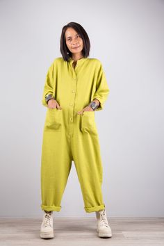 "Linen overalls, Lime green jumpsuit with long sleeves in a soft linen hemp blend. PRODUCT SIZE : One Size These are the exact measurements from the dress, measured whilst laying flat * Chest : 46\" (recommended between 30-42\") * Waist : 44\" * Hips : 48\" * Sleeve length : 21\" (from shoulder till hem * Length : 52 (from shoulder till hem\" * shoulder to shoulder : 20\" * arm hole : 20\" ( if you are not sure about the size please contact me before purchase) // 2 pockets , no lining, button ma Green Linen Jumpsuit Outfit, Green Linen Jumpsuits And Rompers With Pockets, Green Linen Jumpsuit, Jumpsuit With Long Sleeves, Linen Jumper, Green V-neck Cotton Jumpsuit, Casual Medium Wash Bib Front Jumpsuit/romper, Linen Overalls, Jumpsuit With Pockets