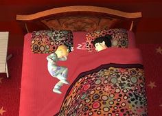 an animated image of two children sleeping in their bed with stars on the wall behind them