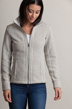 Soft, thick, blended acrylic fleece in a speckled tone keeps you warm in moderate outdoor temperatures. Free shipping   returns. Retro Clothing, Closet Ideas, Womens Fleece, Retro Outfits, Zip Jacket, Fleece Jacket, Athletic Jacket, Jackets For Women, Jackets & Coats