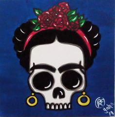 a painting of a woman with flowers in her hair and skull on it's head