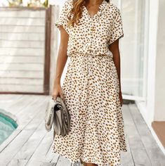 Cute Dress From Shein. Size M. White With Camel Spots - Dalmatian Print. New, Never Worn. Didn't Come With Tags Attched, But The Bag Has A Label Which Is The Tag. Maxi Dress Outfit, Sun Dresses, Leopard Print Shirt, Cotton Blends Dress, Belted Shorts, Styl Boho, Printed Shirt Dress, Polka Dress, Dresses Evening