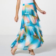 C Wonder Runway Collection Crinkled Chiffon Tiered Ruffle Maxi Skirt Discover feminine, fun, and totally fabulous (not to mention flattering) fashion with the Runway Collection from C. Wonder by Christian Siriano. This stunning crinkled chiffon skirt offers a fresh take on your personal style with tiered ruffles and a dreamy colorful print. It brings a playful exuberance to your forever wardrobe. Blue Flowy Party Skirt, Blue Flowy Skirt For Party, Flowy Blue Party Skirt, Flowy Party Skirt With Ruffles, Multicolor Tiered Flowy Maxi Skirt, Multicolor Flowy Tiered Maxi Skirt, Chiffon Tiered Skirt With Ruffles, White Ruffled Chiffon Skirt, Flowy Blue Ruffled Skirt