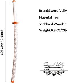 an orange and white stick with the words, brandsword valley material iron scabbard - wooden weight 10 kg / 2b