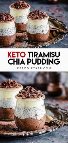 keto tirami pudding in jars with chocolate shavings on the top