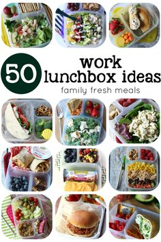 some lunch boxes with different foods in them and the title overlay reads 50 work lunchbox ideas family fresh meals