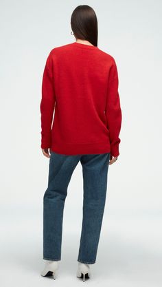 Steep yourself in everyday comfort with our Oversized Sweater. Using the softest traceable wool cashmere yarn and a relaxed fit, our crewneck cut is wearable from office to living room and back again. Additional touches include elongated rib cuffs, subtle pointelle patterning, and fashioning marks. Red Cashmere Sweater With Fine Knit, Classic Red Fine Knit Sweater, Casual Red Cashmere Tops, Red Fine Knit Wool Sweater, Cashmere Workwear Sweater In Red, Red Wool Sweater For Work, Red Wool Sweater For Workwear, Red Fine Knit Crew Neck Sweater, Red Fine Knit Sweater For Layering