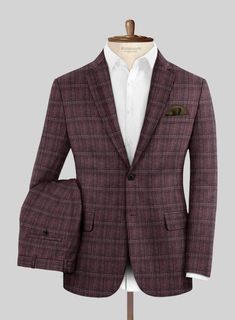 Embody quintessential poise and unique charm with this exquisite Noble Purple Check Wool Silk Linen Suit. Crafted from a harmonious blend of wool, silk, and linen, it showcases a plaid pattern, while its purple checkered pattern radiates a unique flair, making it an exceptional choice for occasions that demand a memorable impression. Whether you're attending social gatherings, festive parties, or preparing for a crucial interview, this exceptional suit will be your reliable and effortlessly styl Elegant Linen Suits For Fall, Elegant Linen Fall Suits, Elegant Tailored Linen Tweed Jacket, Elegant Linen Tweed Jacket For Formal Occasions, Luxury Fitted Linen Tweed Jacket, Grey Check Suit, Herringbone Tweed Jacket, White Linen Suit, Purple Checkered