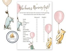 a baby shower game with winnie the pooh and her friends holding balloons, which are attached to each other