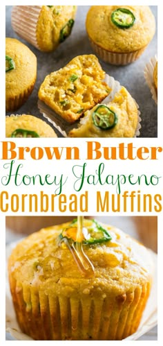 a muffin is being dunked with honey jalapeno cornbread muffins