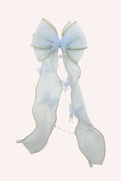 Please note that this item is final sale and cannot be returned or exchanged. See more in our Shipping and Returns page. 1pc This dainty blue bow clamp will make any outfit fairytale-like. The trailing ribbons are accompanied by strings of tiny butterflies and dew drop pearls that gently drape down, adding a soft and f Mesh Swimwear, Bow Light, Vintage Closet, Bachelorette Outfits, Beauty Gift Sets, Blue Bow, Book Stationery, Scarf Jewelry, Beauty Accessories