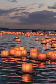 many lit candles floating in the water at dusk