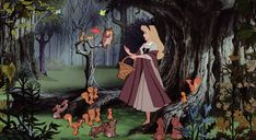 an animated image of a woman holding a basket in the woods surrounded by squirrels