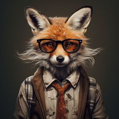 a red fox wearing glasses and a vest with a tie on it's neck