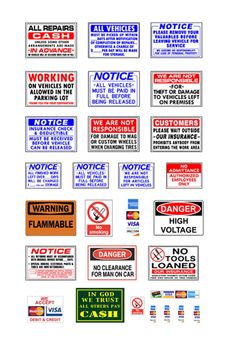 various signs and stickers on white background