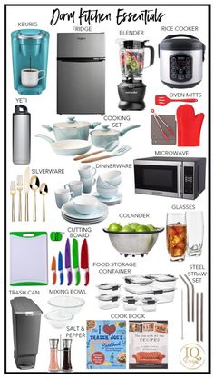 the kitchen essentials are organized and ready to be used for cooking, baking, and other