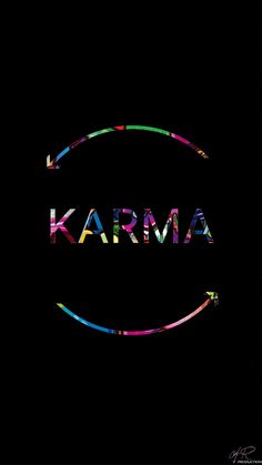 the word karma written in multicolored letters on a black background with an arrow