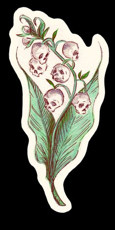 a sticker with skulls and flowers on it's side, in the shape of a leaf