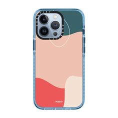 the back of an iphone case with a colorful design in blue and pink, on a white background