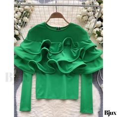 Bjux - Chic Long-Sleeved Top with Delicate Lotus-Edge Design Blouses Vintage, Ruffle T Shirt, Lotus Leaf, Black And White Tops, Casual Chic Outfit, Spring Shirts, Round Neck Tops, Collar Blouse, Mandarin Collar