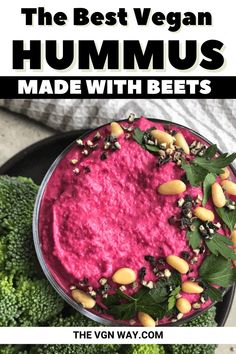 the best vegan hummus made with beets and broccoli in a bowl