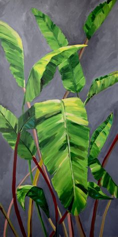 a painting of green leaves on a gray background