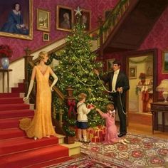 a painting of a family standing in front of a christmas tree with presents under it