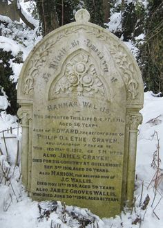 a grave in the middle of some snow covered ground with trees and bushes behind it