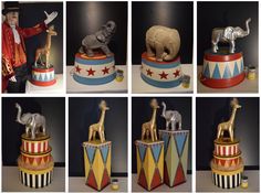 several pictures of circus themed items including elephants and giraffes