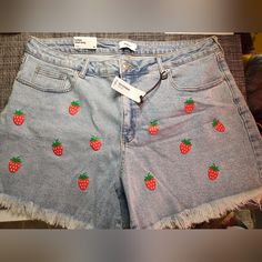 Nwt Boyfriend Shorts With Cute Little Strawberries On The Front. Size 18 Overall Length Is 15 Inches Inseam Is 4-5 Inches. Cute Short Summer Jeans, Casual Strawberry Print Bottoms, Spring Cotton Bottoms With Strawberry Print, Cute Strawberry Print Bottoms For Spring, Casual Cotton Bottoms With Strawberry Print, Black Sleepwear, Gothic Shorts, Black High Waisted Shorts, Dressy Shorts