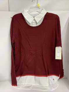 EV1 Two-fer Sweater, Collar Shirt Built In Sweater Combo, L(12/14) Burgundy Condition is "New with tags". Shipped with Standard Shipping. Crew Neck Shirt For Layering In Fall, Preppy Crew Neck Tops For Fall, Preppy Winter Workwear Top, Preppy Crew Neck Winter Tops, Sweater Collar, Collar Shirt, Collar Shirts, Sleeve Blouse, Built In