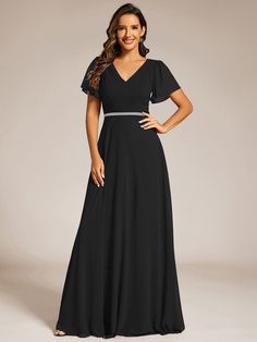 Pleated A-Line Chiffon Evening Dress with Short Sleeves and Sequin Waist #color_Black Chiffon Evening Dress With Short Sleeves, Short Sleeve Chiffon Evening Dress, Formal Fitted Chiffon Dress With Short Sleeves, Short Sleeve Chiffon Dress For Wedding, Formal Fitted Short Sleeve Chiffon Dress, Evening Short Sleeve Chiffon Maxi Dress, Elegant Short Sleeve Chiffon Dress For Evening, Elegant Chiffon Dress With Short Sleeves For Evening, Elegant Short Sleeve Chiffon Bridesmaid Dress