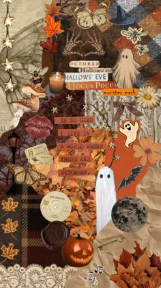 an altered collage of halloween items including pumpkins, leaves and candles