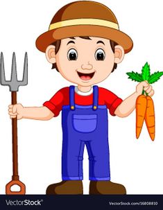 cartoon farmer holding carrots and a garden fork with clip art, person, farm animals, vegetables, illustration, stock photos, illustrations, pictures, image, drawings, character