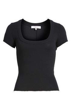 This classic baby tee is designed in a lightly fitted silhouette with a scoop neckline and allover soft ribbing. 20 1/2" length Scoop neck Short sleeves 96% modal, 4% spandex Machine wash, tumble dry Made in Peru Short Sleeve Work Blouse, Fitted Scoop Neck Short Sleeve Top, Casual Black Scoop Neck Short Sleeve Top, Fitted Scoop Neck T-shirt For Everyday, Fitted Ribbed T-shirt With Scoop Neck, Fitted Black T-shirt With Scoop Neck, Fitted Tshirt, Thrifting Ideas, Cole Haan Women Shoes