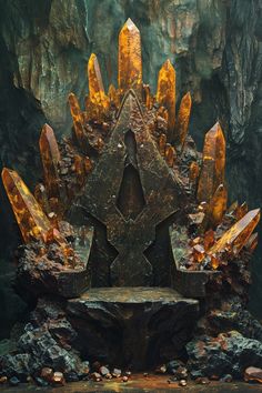 an iron throne surrounded by rocks and gold colored crystals in front of a rock cave