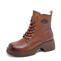 Retro style Martin boots. Featuring a clean round-toe design, made from premium full-grain leather with a genuine leather lining for ultimate comfort and durability. The high-elasticity rubber sole is slip-resistant and wear-resistant, ensuring both style and functionality. Color: Brown/BlackMaterial: CowhideLining: No, Just Cowhide The Other SideInsole: Genuine LeatherSole: RubberHeels: 5 cm/1.96"Tube Height: 12 cm/4.72" Fit: Medium to Wide, Runs Normal.Origin: Made in China Production Time: Ab Ankle Boots For Women, Platform Heels Chunky, Martin Boots, Shoe Size Conversion, Leather Style, Sneaker Wedge, Boots For Women, Heel Type, Rubber Heels