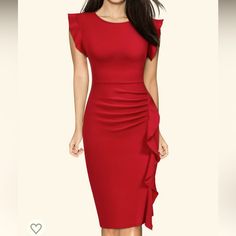 Nwt Size Xl Red Midi Bodycon Office Dress, Red Midi Bodycon Dress For Office, Red Midi Length Bodycon Dress For Office, Red Knee-length Midi Dress With Ruffles, Red Ruffled Knee-length Midi Dress, Red Short Sleeve Office Dress, Red Knee-length Office Mini Dress, Red Knee-length Office Dress, Red Knee-length Dresses For Office