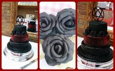 three different cakes decorated with black and red flowers