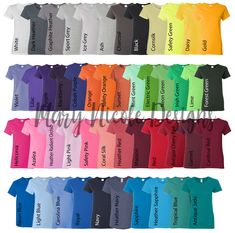 various colors of t - shirts with the names of each shirt in different fonts