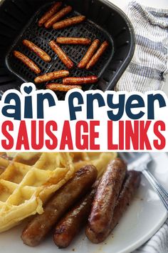 sausage links and waffles on a plate with the words grain - fryer sausage links