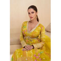 Fabric Details :- Top :- Real Gerogette (Embroidery)Dupatta :- NetTop Length :- Max up 52" to 54" InchesSize :- Max up to 46" Inches Work :- Embroidery Printed WorkStyle :- Anarkali Gown SuitsType :- Ready to Wear Wash :- First Time Dry Clean Multicolor Long Sleeve Anarkali Set, Transitional Yellow Anarkali Set With Long Sleeves, Yellow Long Sleeve Anarkali Set For Transitional Season, Transitional Yellow Long Sleeve Anarkali Set, Yellow Floor-length Kurta With Cutdana, Navratri Maxi Length Sharara With Resham Embroidery, Yellow Designer Wear Maxi Length Churidar, Yellow Designer Wear Maxi Churidar, Yellow Anarkali Set With Dabka Work For Transitional Season