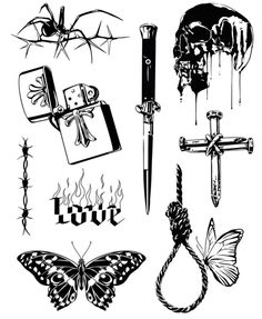 various tattoo designs including cross, knife and skull