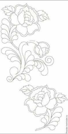 an embroidery design with flowers and leaves on the side of it, in black and white